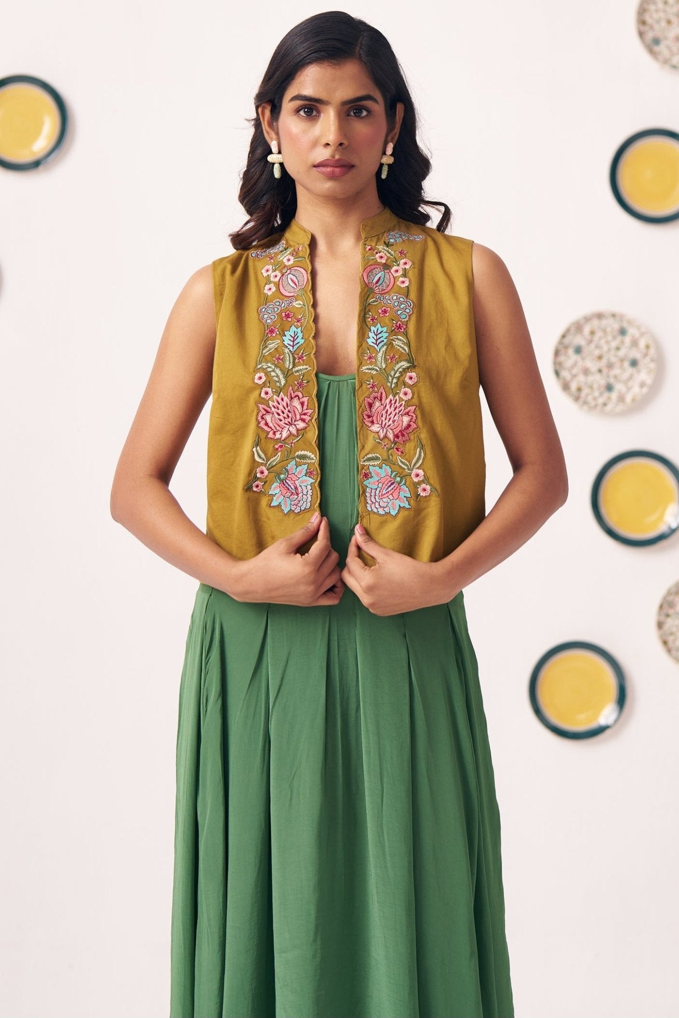 Embroidered Gold Jacket With Box pleat Strappy Dress - Western Era Dresses for women