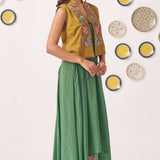 Embroidered Gold Jacket With Box pleat Strappy Dress - Western Era Dresses for women
