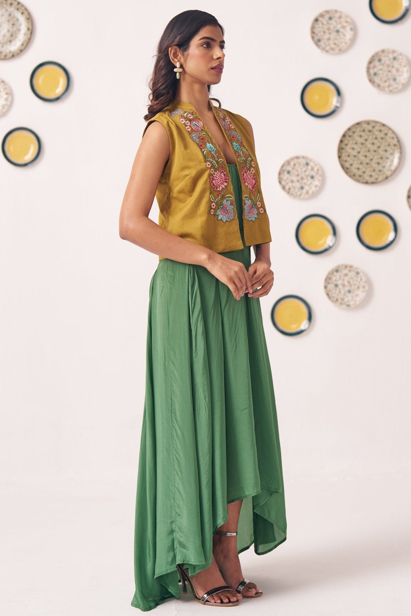 Embroidered Gold Jacket With Box pleat Strappy Dress - Western Era Dresses for women