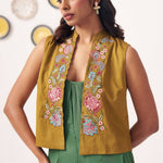 Embroidered Gold Jacket With Box pleat Strappy Dress - Western Era Dresses for women
