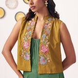 Embroidered Gold Jacket With Box pleat Strappy Dress - Western Era Dresses for women
