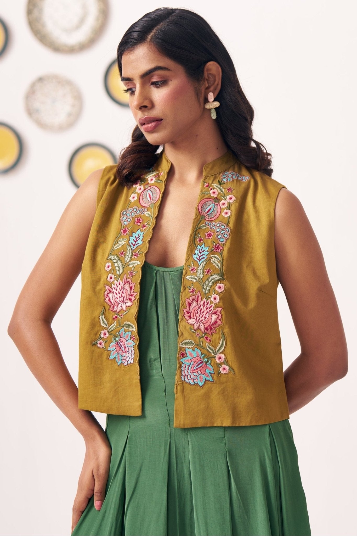 Embroidered Gold Jacket With Box pleat Strappy Dress - Western Era Dresses for women