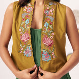 Embroidered Gold Jacket With Box pleat Strappy Dress - Western Era Dresses for women