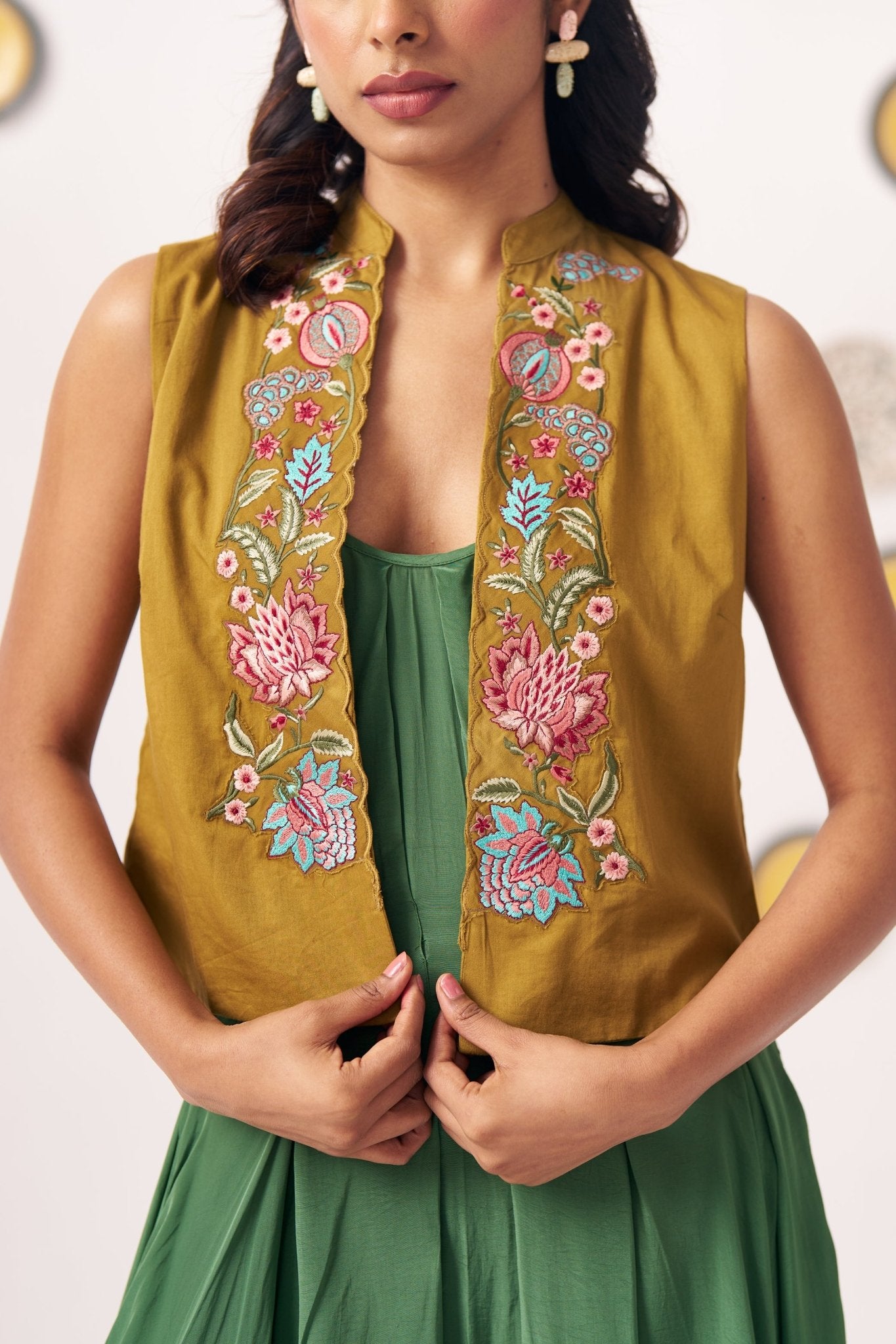 Embroidered Gold Jacket With Box pleat Strappy Dress - Western Era Dresses for women