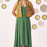 Embroidered Gold Jacket With Box pleat Strappy Dress - Western Era Dresses for women