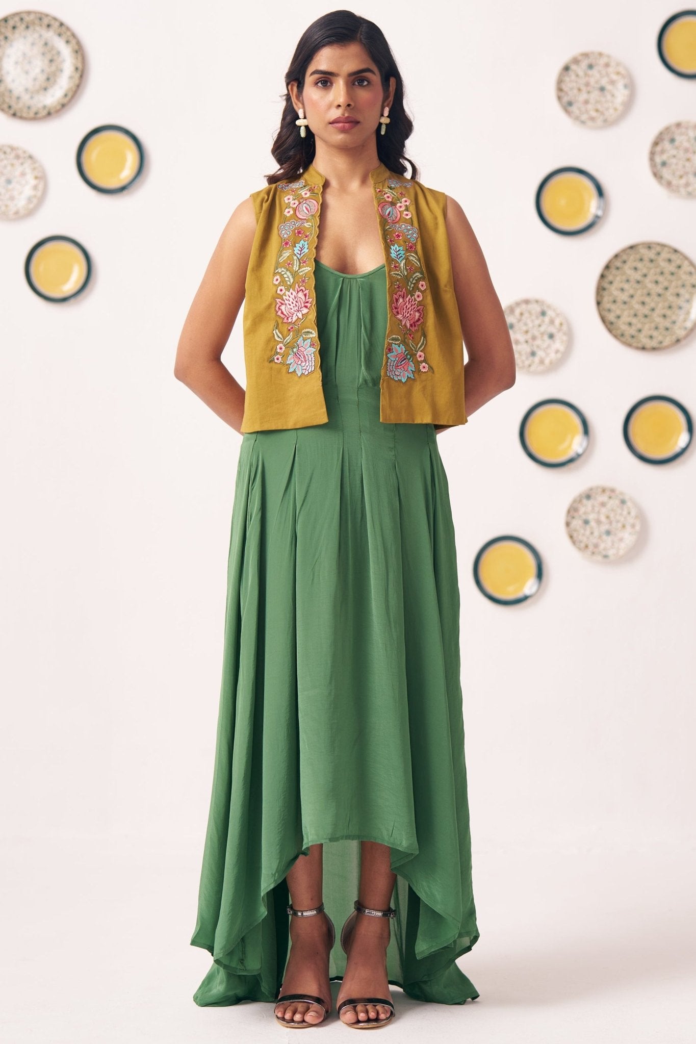 Embroidered Gold Jacket With Box pleat Strappy Dress - Western Era Dresses for women