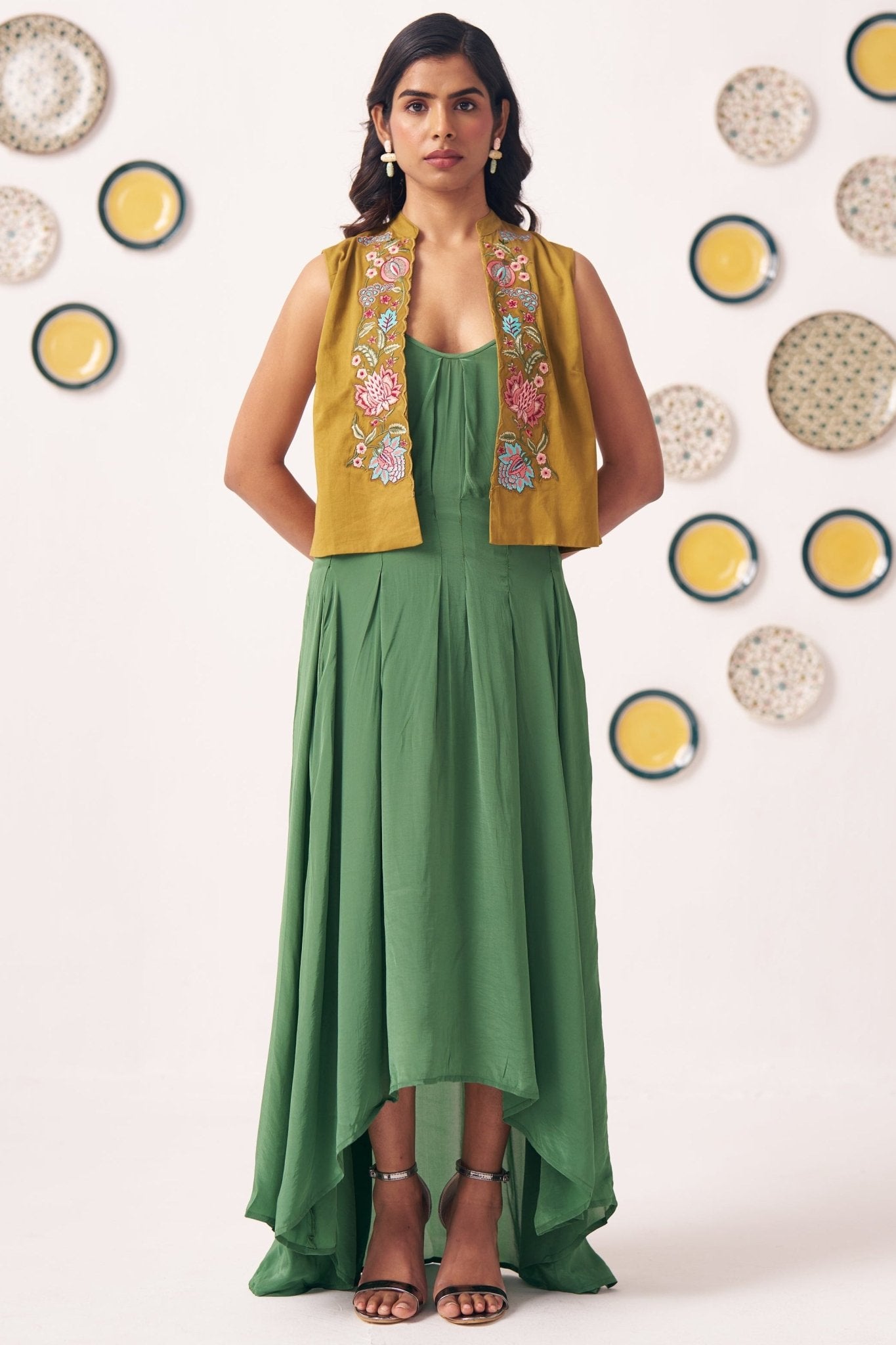 Embroidered Gold Jacket With Box pleat Strappy Dress - Western Era Dresses for women