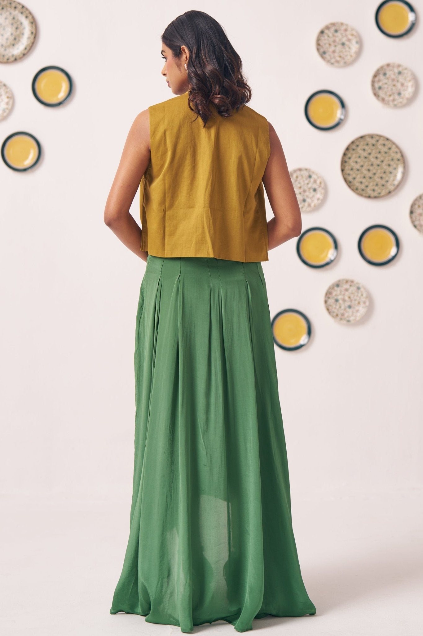 Embroidered Gold Jacket With Box pleat Strappy Dress - Western Era Dresses for women
