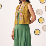 Embroidered Gold Jacket With Box pleat Strappy Dress - Western Era Dresses for women