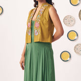 Embroidered Gold Jacket With Box pleat Strappy Dress - Western Era Dresses for women