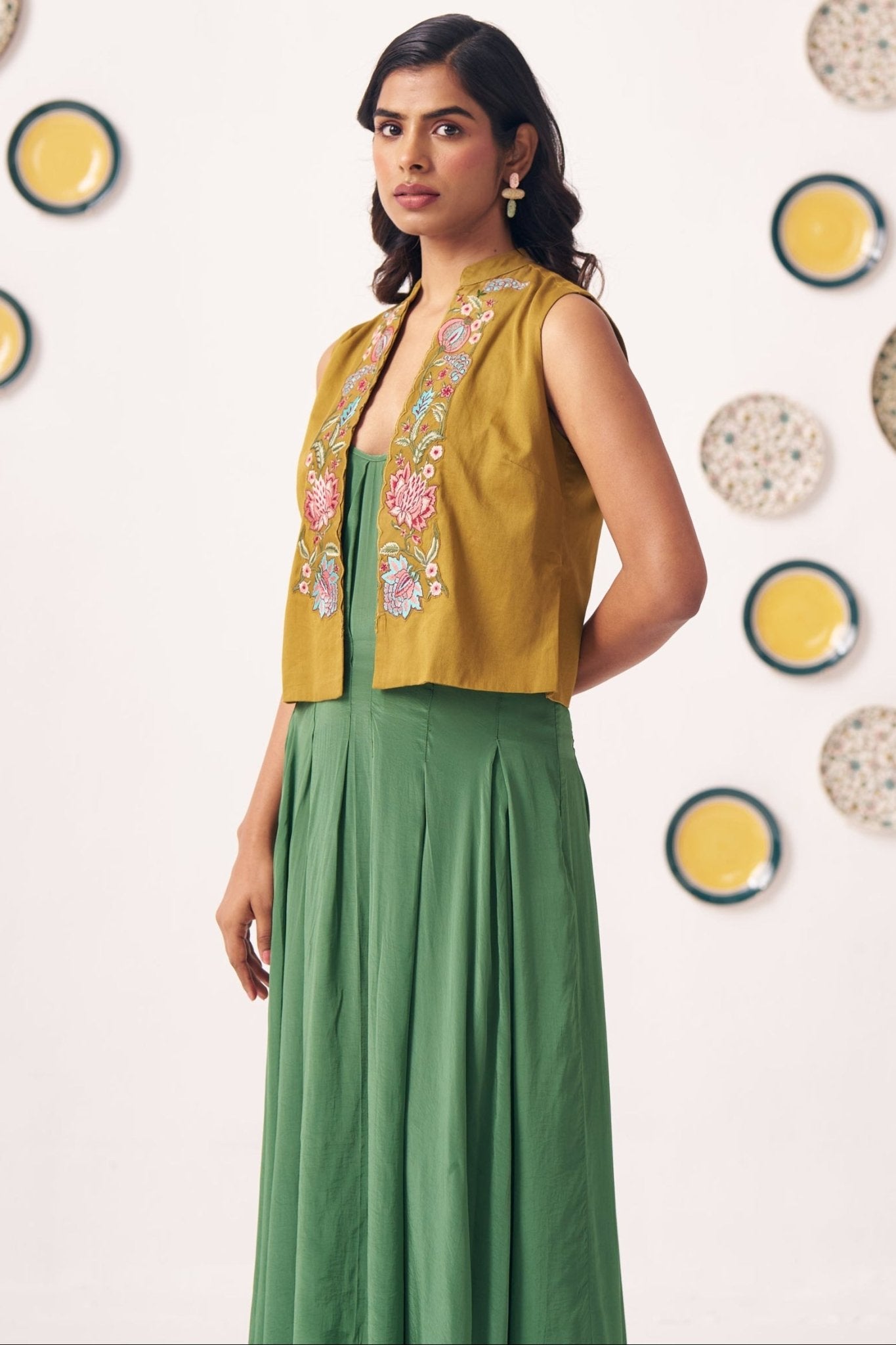 Embroidered Gold Jacket With Box pleat Strappy Dress - Western Era Dresses for women