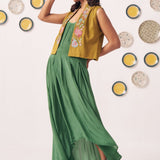 Embroidered Gold Jacket With Box pleat Strappy Dress - Western Era Dresses for women