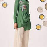Emerald Green Embroidered Wrap Shirt with Beige Pants - Western Era Co - ord set for women