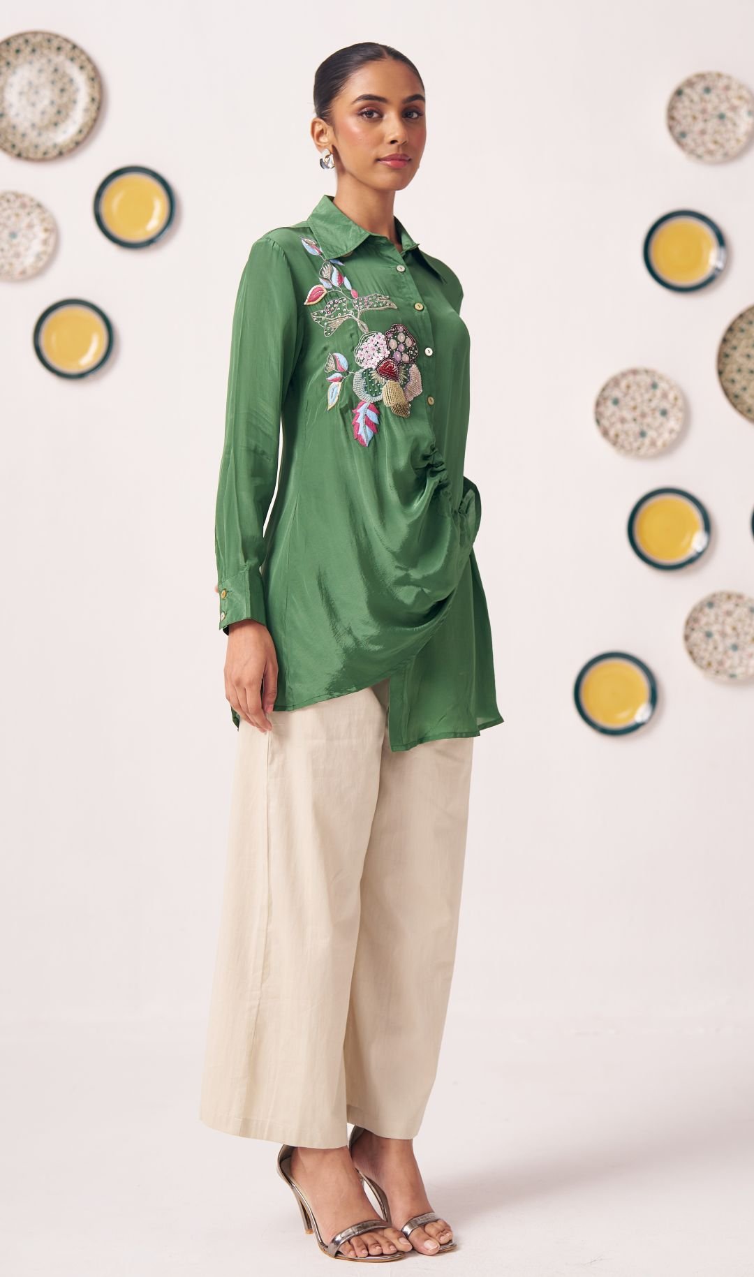 Emerald Green Embroidered Wrap Shirt with Beige Pants - Western Era Co - ord set for women