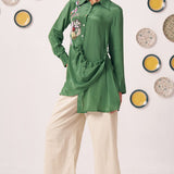 Emerald Green Embroidered Wrap Shirt with Beige Pants - Western Era Co - ord set for women