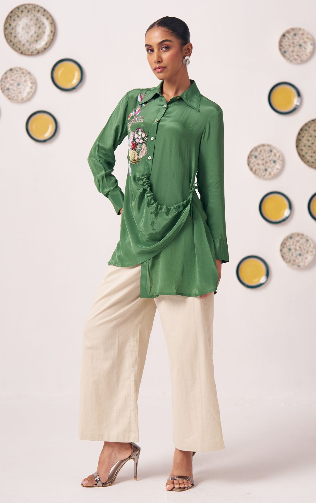 Emerald Green Embroidered Wrap Shirt with Beige Pants - Western Era Co - ord set for women