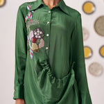 Emerald Green Embroidered Wrap Shirt with Beige Pants - Western Era Co - ord set for women