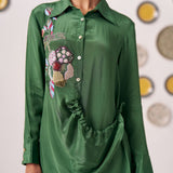 Emerald Green Embroidered Wrap Shirt with Beige Pants - Western Era Co - ord set for women