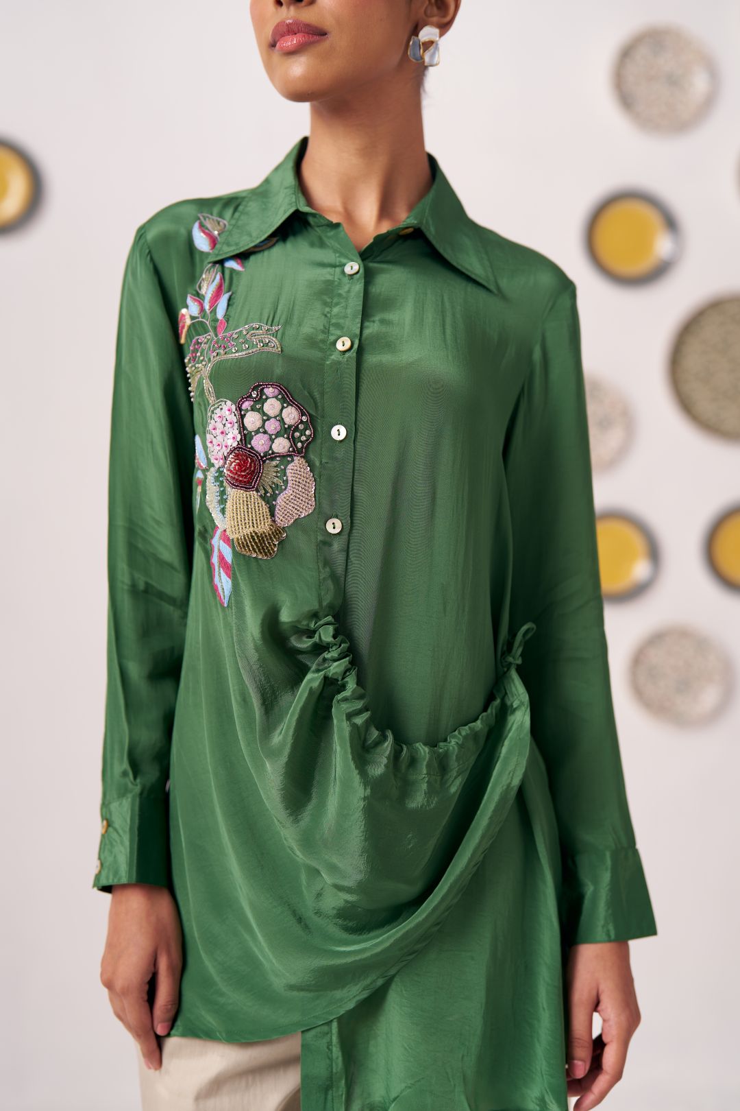Emerald Green Embroidered Wrap Shirt with Beige Pants - Western Era Co - ord set for women