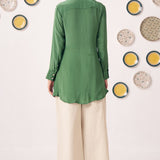 Emerald Green Embroidered Wrap Shirt with Beige Pants - Western Era Co - ord set for women
