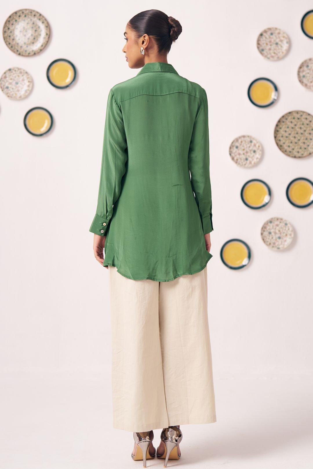 Emerald Green Embroidered Wrap Shirt with Beige Pants - Western Era Co - ord set for women