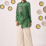 Emerald Green Embroidered Wrap Shirt with Beige Pants - Western Era Co - ord set for women
