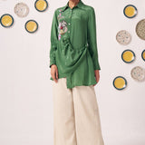Emerald Green Embroidered Wrap Shirt with Beige Pants - Western Era Co - ord set for women