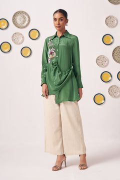 Emerald Green Embroidered Wrap Shirt with Beige Pants - Western Era Co - ord set for women