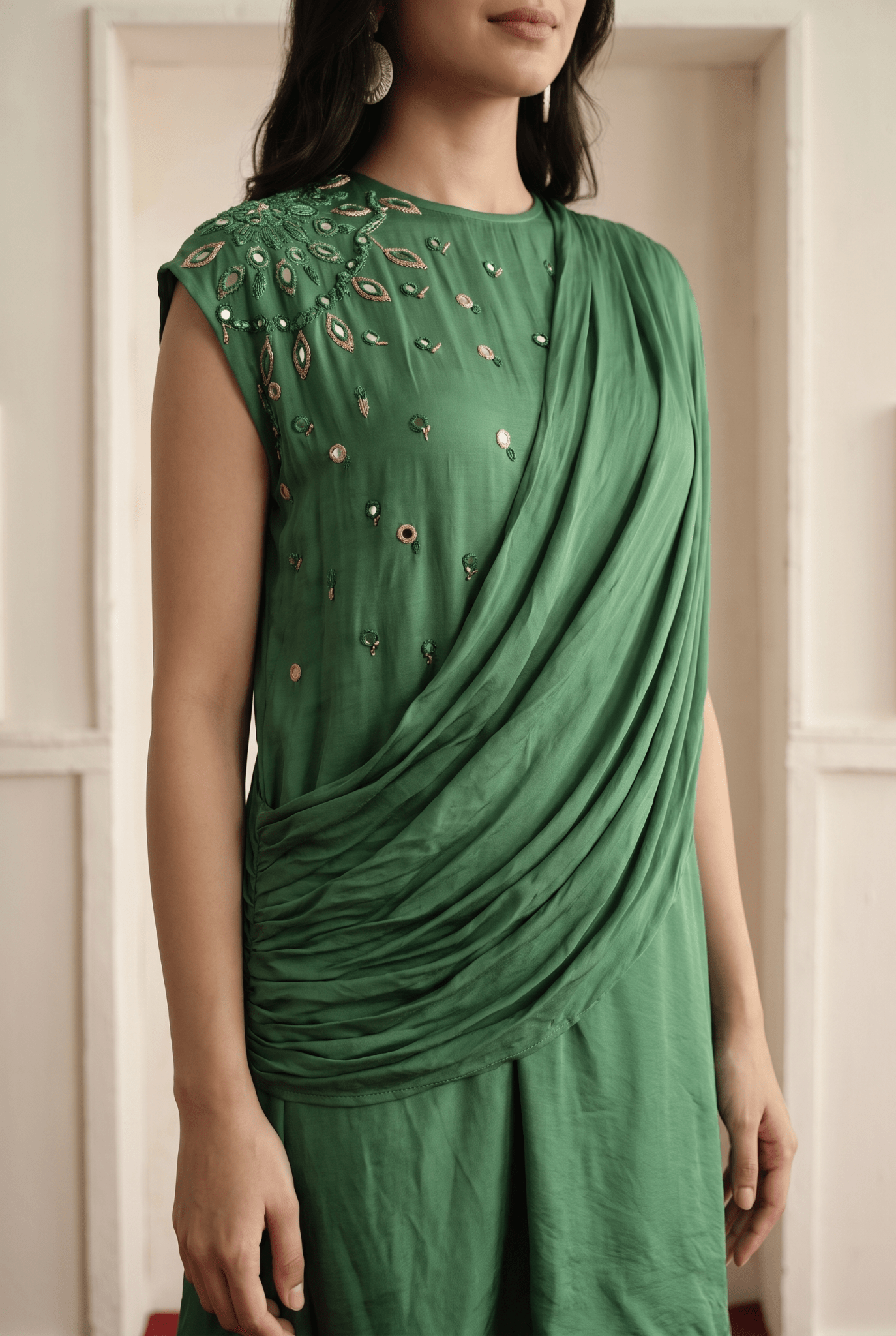 Emerald Green Viscose Crepe One-Shoulder Draped Dress with Mirror Embroidery - Western Era Dresses for women
