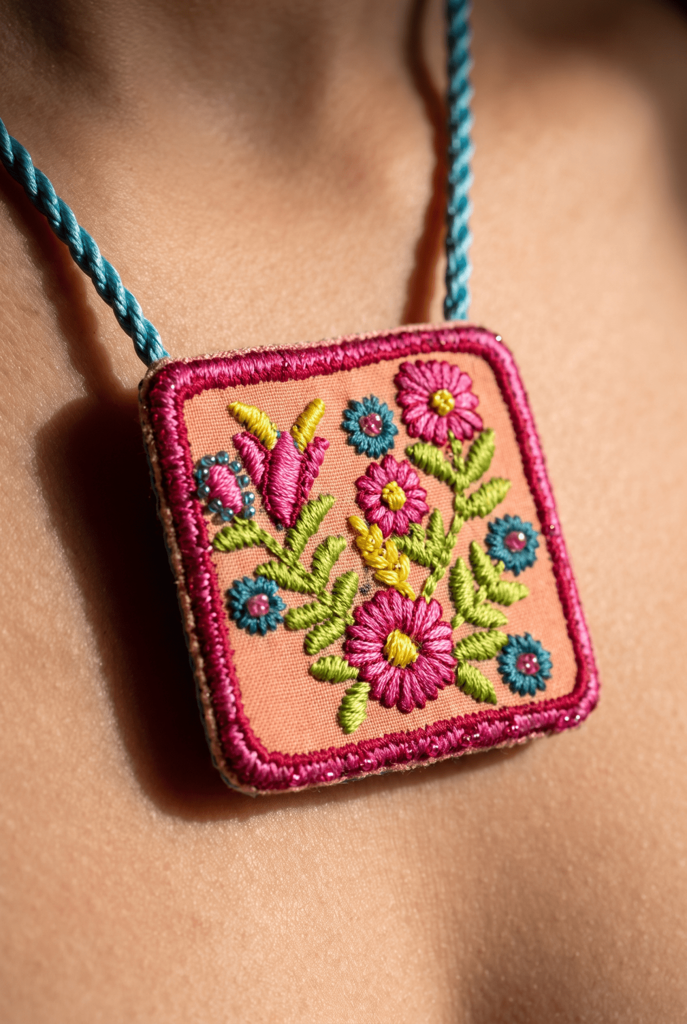 Fabric Necklace Featuring Intricate Floral Thread Embroidery In Playful Hues - Western Era Jewellery for women