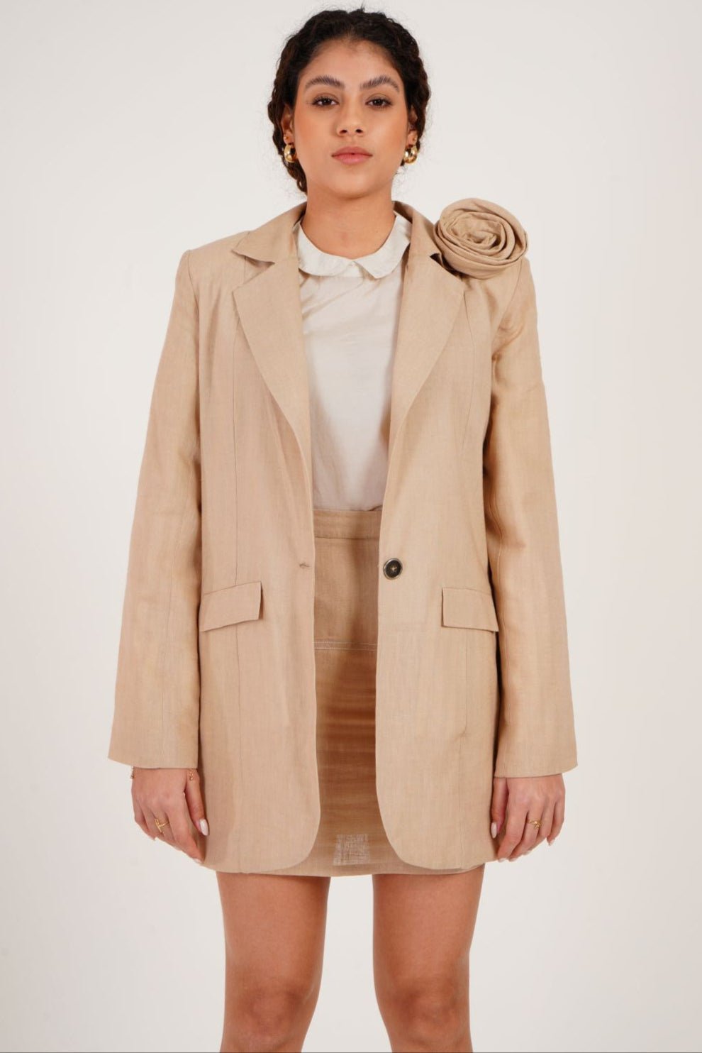 Floral Accent Beige Blazer - Western Era Tops for women