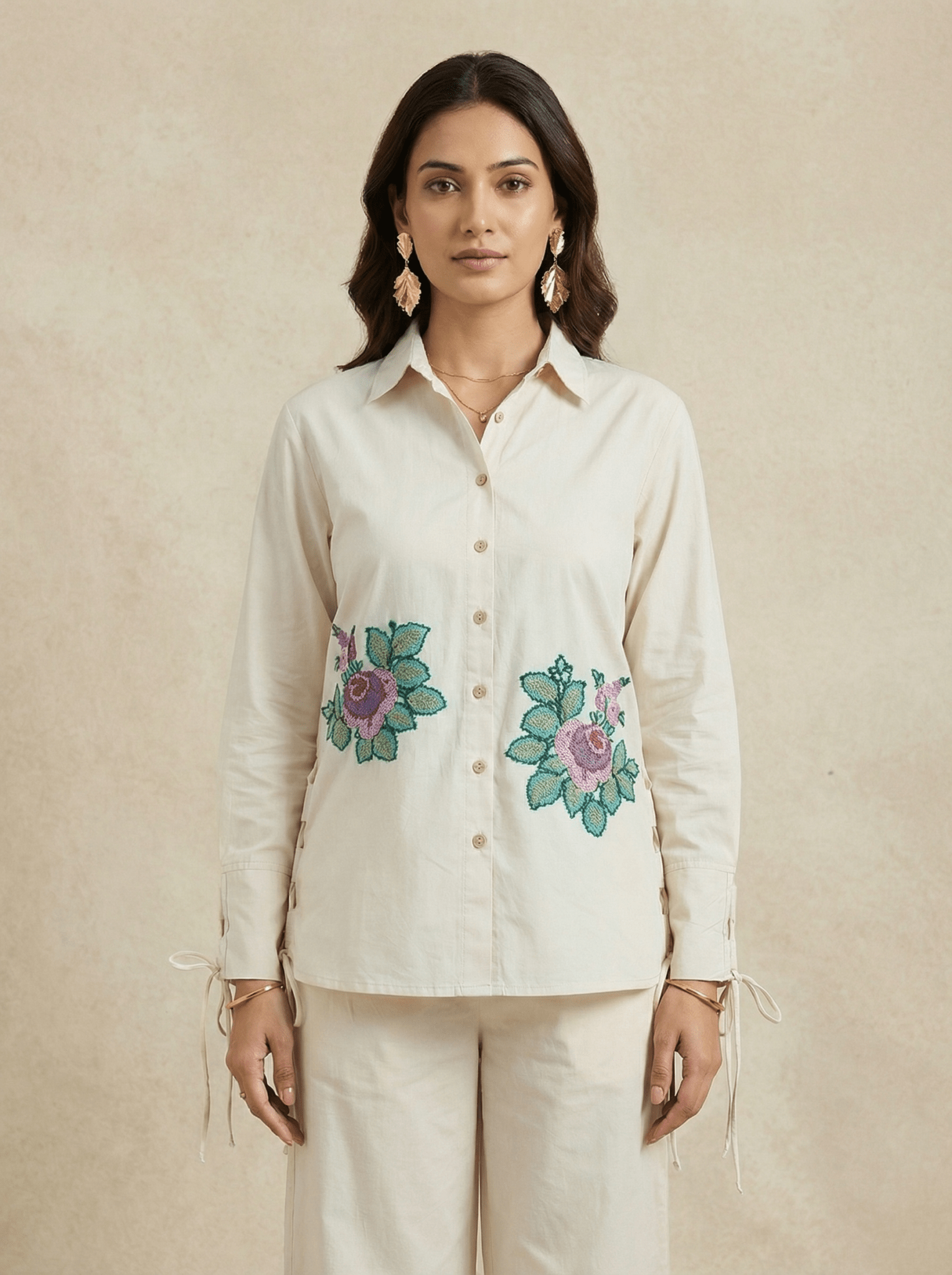 Floral Embroidered Knotline Shirt with Adjustable Drawstrings Co - ord Set - Western Era Co - ord set for women