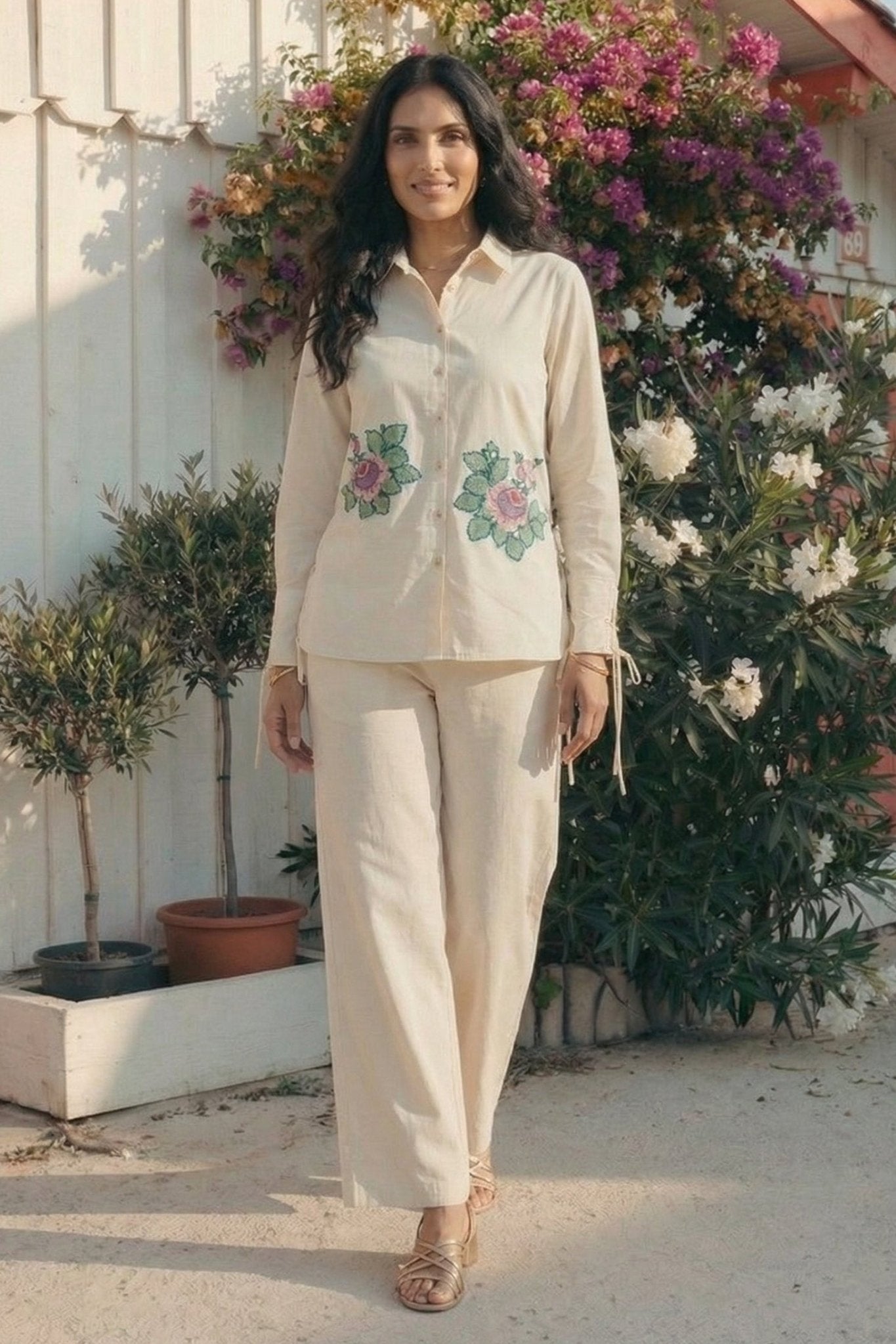 Floral Embroidered Knotline Shirt with Adjustable Drawstrings Co - ord Set - Western Era Co - ord set for women