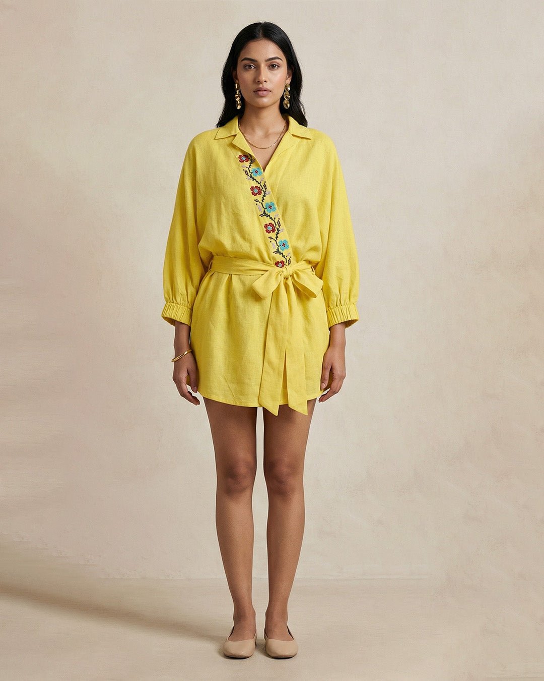 Folkgrid Lime Yellow Relaxed Dress with Crossstitch Embroidery - Western Era Dresses for women