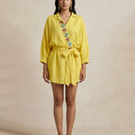 Folkgrid Lime Yellow Relaxed Dress with Crossstitch Embroidery - Western Era Dresses for women