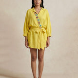 Folkgrid Lime Yellow Relaxed Dress with Crossstitch Embroidery - Western Era Dresses for women