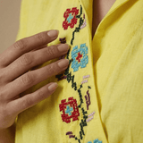 Folkgrid Lime Yellow Relaxed Dress with Crossstitch Embroidery - Western Era Dresses for women