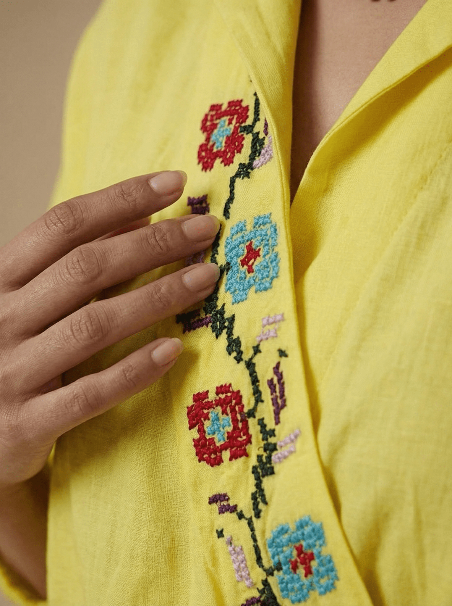 Folkgrid Lime Yellow Relaxed Dress with Crossstitch Embroidery - Western Era Dresses for women