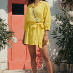Folkgrid Lime Yellow Relaxed Dress with Crossstitch Embroidery - Western Era Dresses for women