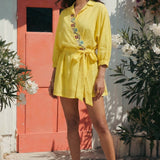 Folkgrid Lime Yellow Relaxed Dress with Crossstitch Embroidery - Western Era Dresses for women