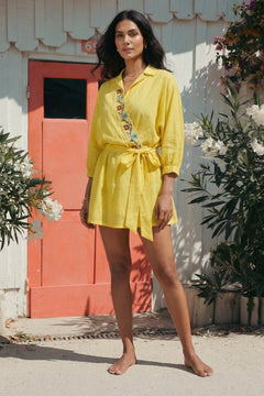 Folkgrid Lime Yellow Relaxed Dress with Crossstitch Embroidery - Western Era Dresses for women