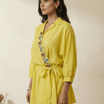 Folkgrid Lime Yellow Relaxed Dress with Crossstitch Embroidery - Western Era Dresses for women