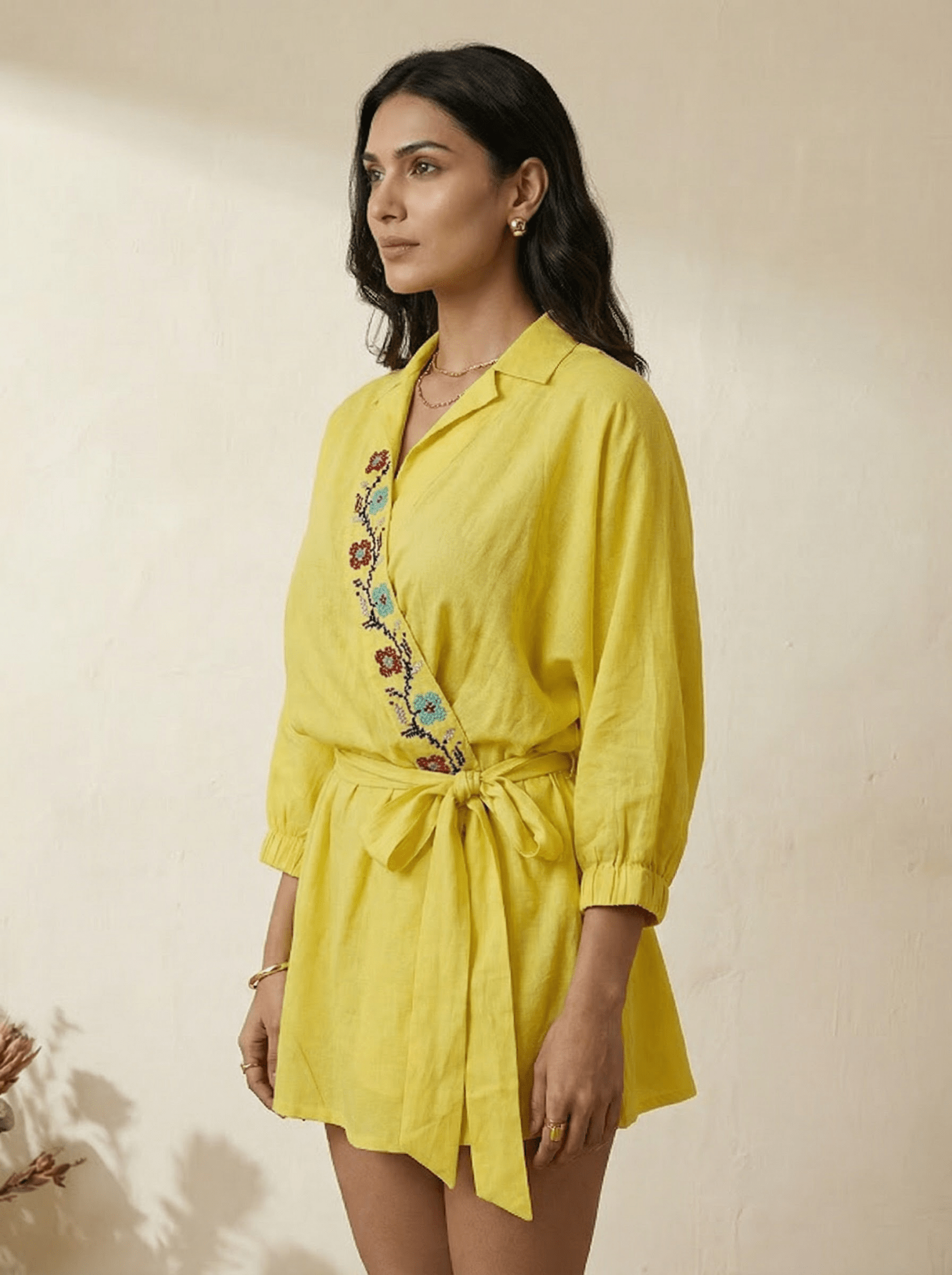 Folkgrid Lime Yellow Relaxed Dress with Crossstitch Embroidery - Western Era Dresses for women