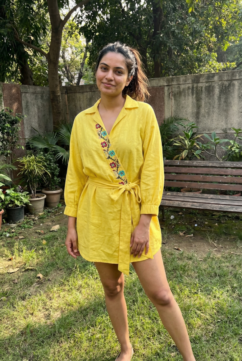 Folkgrid Lime Yellow Relaxed Dress with Crossstitch Embroidery - Western Era Dresses for women
