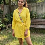 Folkgrid Lime Yellow Relaxed Dress with Crossstitch Embroidery - Western Era Dresses for women