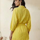 Folkgrid Lime Yellow Relaxed Dress with Crossstitch Embroidery - Western Era Dresses for women