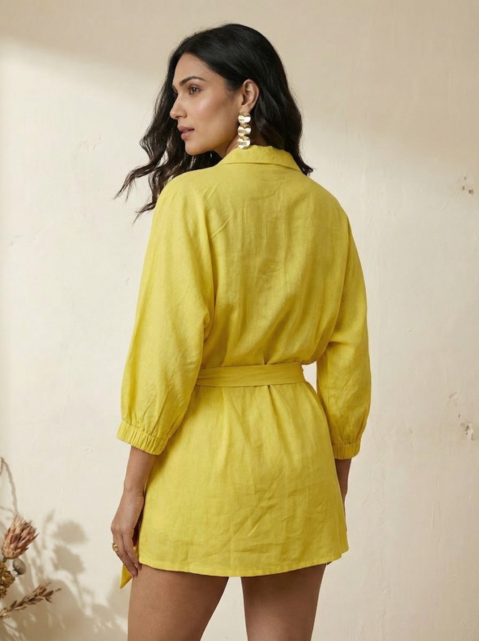 Folkgrid Lime Yellow Relaxed Dress with Crossstitch Embroidery - Western Era Dresses for women