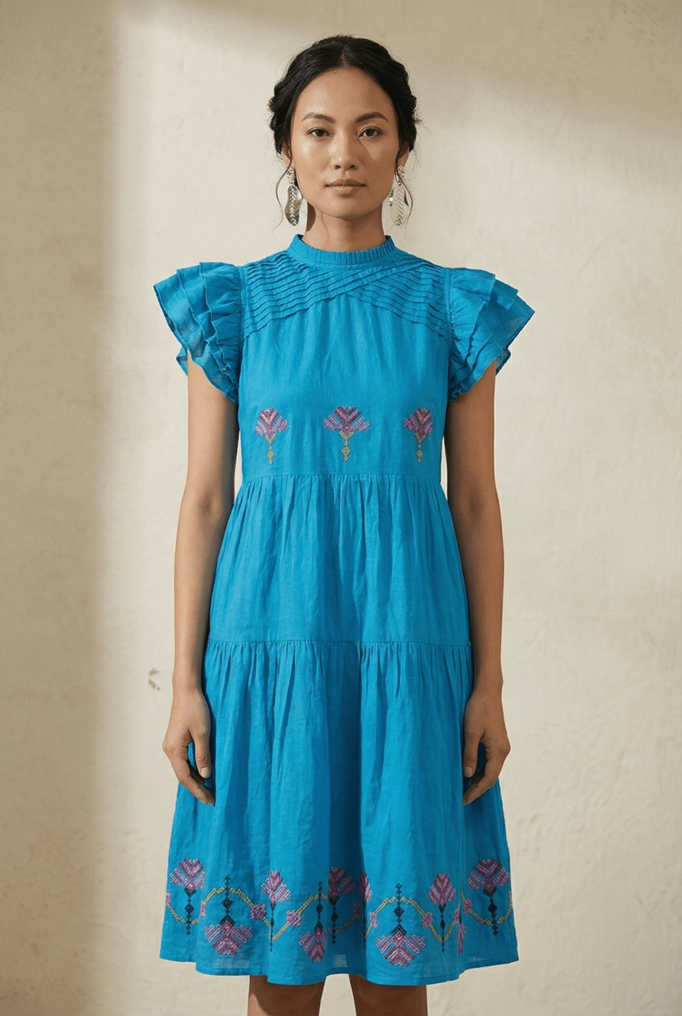 Folkline Tiered Dress with Pleated Yoke And Kasuti Embroidery - Western Era Dresses for women
