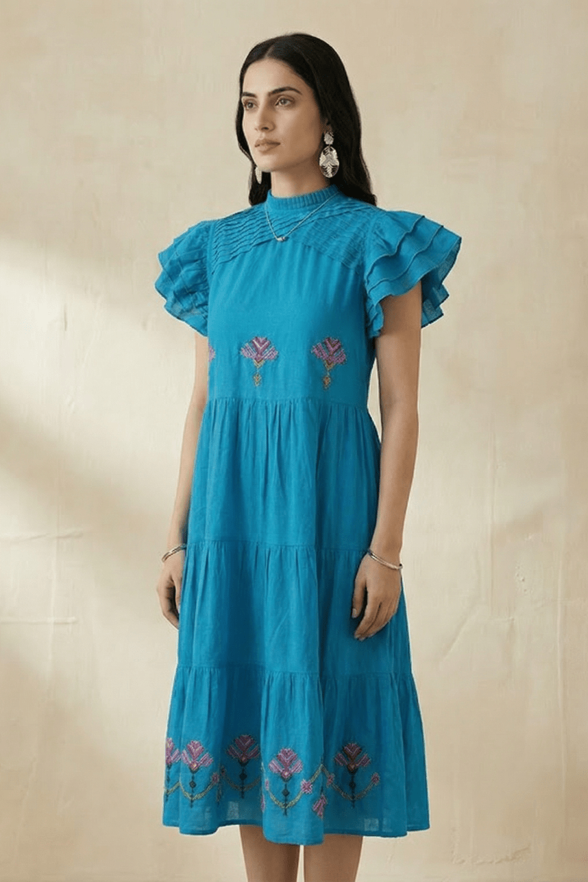Folkline Tiered Dress with Pleated Yoke And Kasuti Embroidery - Western Era Dresses for women
