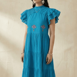 Folkline Tiered Dress with Pleated Yoke And Kasuti Embroidery - Western Era Dresses for women